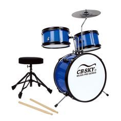 a blue drum set with drums and stools on a white background for advertising purposes