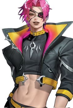 an anime character with pink hair and piercings, wearing black leather clothes while standing in front of a white background