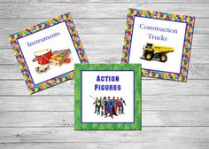 three cards with pictures of construction trucks and people in the middle, on top of a wooden