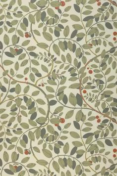 an image of a wallpaper with leaves and berries on the side, in shades of green