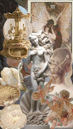 there is a collage with many different things in it, including an angel statue