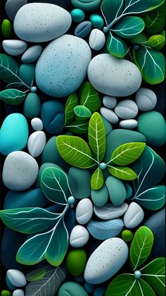 a painting of rocks and leaves on a black background