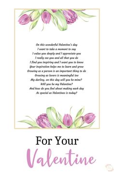 This pin is of a Valentines Day poem written by Becky from Khaim Designs. It is a digital download printable file and you can give it as wall art or a Valentines card. It has 2 pretty watercolour floral bouquets with purple tulips on either end of the print.