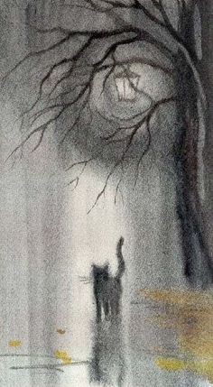 a painting of a person walking with a dog in the rain under a full moon