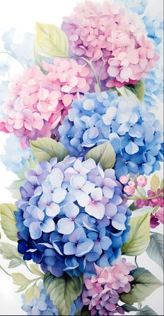 a painting of blue and pink flowers with green leaves