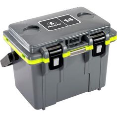 a large gray and yellow cooler with wheels on the front, two black handles and one green handle