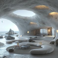 the interior of an ice cave with seating and tables