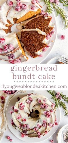 gingerbread bundt cake with icing on a white plate