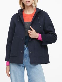 Double-Faced Hooded Jacket | Banana Republic Everyday Solid Color Hooded Jacket With Double-lined Hood, Cotton Windbreaker With Double-lined Hood, Outdoor Long Sleeve Hooded Jacket With Double-lined Hood, Navy Long Sleeve Windbreaker With Double-lined Hood, Outdoor Long Sleeve Windbreaker With Double-lined Hood, Sleek Look, Free Clothes, Raglan Sleeve, Hooded Jacket