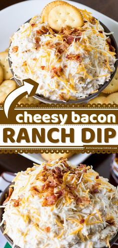 Cheesy Bacon Ranch Dip, football party food, dips for chips, snack ideas, appetizer recipes, game day Bacon Ranch Dip, Ranch Dip, Cheesy Bacon, Bacon Ranch, Buffalo Chicken Dip, Cheese Balls