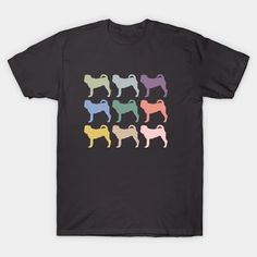 a t - shirt with different colored dogs on the front and back, all in different colors