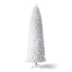 a white christmas tree on a stand against a white background