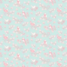 a blue background with pink birds and flowers