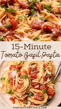 pasta with tomato sauce and basil leaves on top is shown in three different pictures, one has