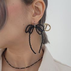 Beads earrings Beaded Ribbon Earrings, Handmade Earrings Ideas Beads, Black Bow Earrings As Gift, Black Bow Earrings For Gift, Black Bow Earrings For A Gift, Ribbon Earrings, Beaded Bow, Diy Beaded Rings, Earrings Tutorial