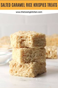 three pieces of rice krispies stacked on top of each other with text overlay that reads salted caramel rice krispies treats