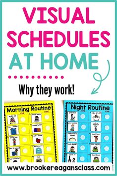 two posters with the words visual schedules at home, and an image of night routine