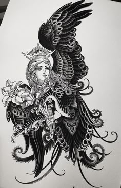 a black and white drawing of a woman with an eagle on her shoulder, holding a flower