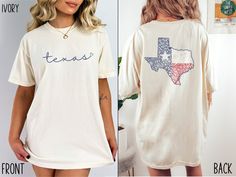 This cute Texas Comfort Colors Shirt is the perfect way to show off your Lone Star State pride. This t-shirt is both comfortable and stylish, making it the perfect addition to your wardrobe. Featuring a classic design with "Texas" displayed in cursive on the front, and the the iconic state flag of Texas prominently displayed on the back, this tee is sure to be a conversation starter wherever you go. Whether you're exploring the vibrant city of Austin or watching a rodeo in Houston, this shirt is Texas Trip, Moving To Texas, Texas Gifts, Texas Shirts, Texas Flag, Texas Flags, Comfort Colors Shirt, Lone Star, Comfort Colors