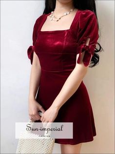 A Line Square Neck Backless Red Velvet Mini Dress with Tie Sleeve Usa Red Velvet Dress Short, Red Velvet Mini Dress, Burgundy Short Dress, Black Velvet Mini Dress, Womens Velvet Dresses, Cocktail Dress Short, Velvet Dress Short, Simple Frock Design, Frock Patterns