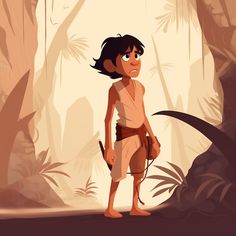 a cartoon character standing in the middle of a jungle