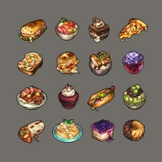 a bunch of different types of food on a gray background, including cakes and pies