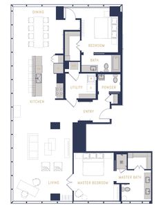 the floor plan for two bedroom apartment with kitchen, living room and dining area on each side