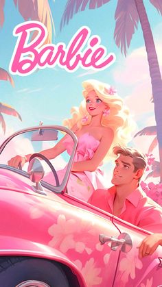 a man and woman are riding in the back of a pink car with palm trees behind them