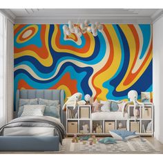 a bedroom with a large colorful wall mural