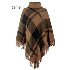 Pattern: plaidStyle: PulloverType: cloak typeCollar: high collarPopular elements: tasselsLength: medium length (65cm＜ < length ≤80cm)Color: burgundy, navy blue, khaki, camel, apricot Turtleneck Poncho, Plaid Poncho, Winter Collars, Loose Coats, Cashmere Shawl, Plaid Fashion, Winter Outfits Women, Komplette Outfits, Batwing Sleeve