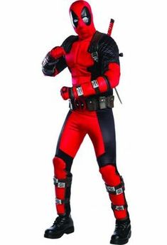 a man in a deadpool costume is standing