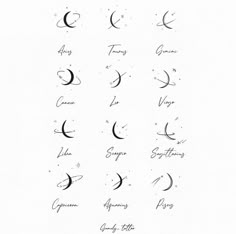 the phases of the moon and stars in different positions, with their names on them