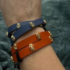 Two Leather Double Wrap Bracelets. A Beautiful Blue And A Coral With Gold Tone Skull Studs And A Magnetic Closure. Super Fun! Double Wrap Bracelet, Wrap Bracelets, Gothic Jewelry, Magnetic Closure, Beautiful Blue, Womens Jewelry Bracelets, Blue Orange, Wrap Bracelet, Gold Tones