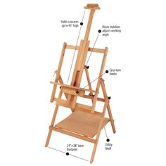 a wooden easel with instructions on how to put the top shelf in it's position