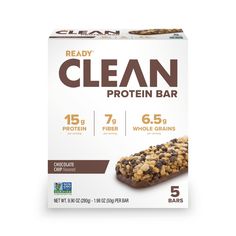 the box of clean protein bar is shown on a white background, with chocolate chips and nuts