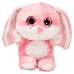 a pink stuffed animal with big eyes and a white tail, sitting up against a white background