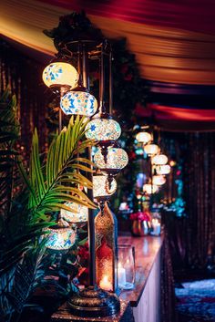 a table topped with lots of lights next to a plant and potted palm tree