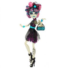 a doll with pink hair and blue eyes holding a handbag in her right hand