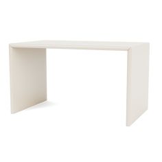 a white desk with an angled edge on a white background, viewed from the side