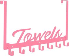 a pink towel rack with the word towels on it