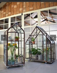 two small greenhouses with plants in them sitting on top of a cement floor next to each other