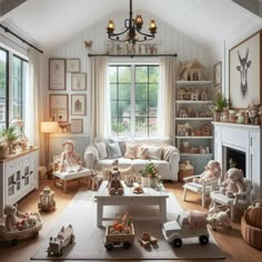 a living room filled with lots of furniture and toys in front of a fire place