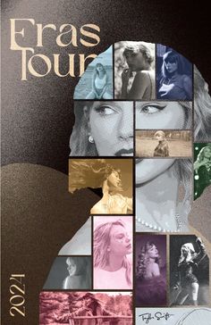 a poster with many different pictures on it's side and the words eras tour written in