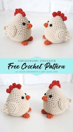 three crocheted chickens sitting next to each other on top of a white table