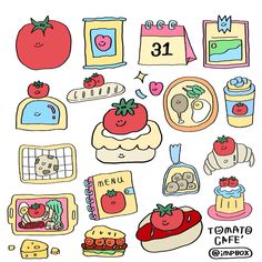 an assortment of stickers that include tomatoes, bread and other food items with the number 31 on them