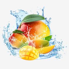 mangoes, oranges and water splashing into the air with green leaves on top