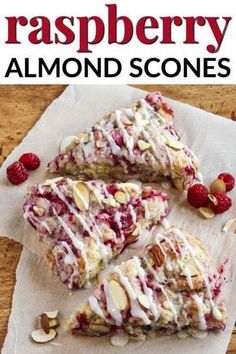 raspberry almond scones on parchment paper with the title text overlay reads raspberry almond scones