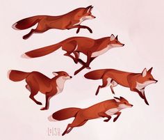 four red foxes running in the air with their tails spread out and one is jumping