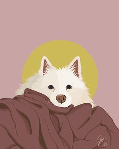 a white dog wrapped up in a blanket