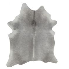 a gray and white cowhide rug on a white background